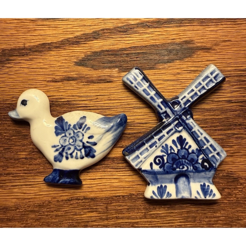 Vintage Delft Blue Style Dutch Windmill Duck Ceramic Refrigerator Magnets Set 2 - Picture 7 of 7
